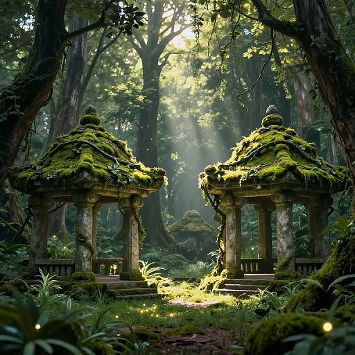 Mystical Forest Clearing with Ancient Pavilions