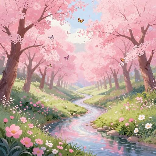 Digital painting of a serene, pink cherry blossom forest with a winding stream, vibrant flowers, and fluttering butterflies under a bright blue sky.