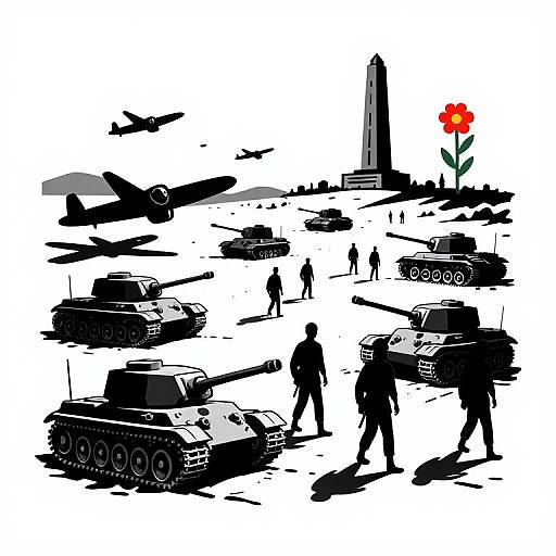 Black and white digital illustration of soldiers inspecting tanks, planes, and monuments with a single red flower in the background.