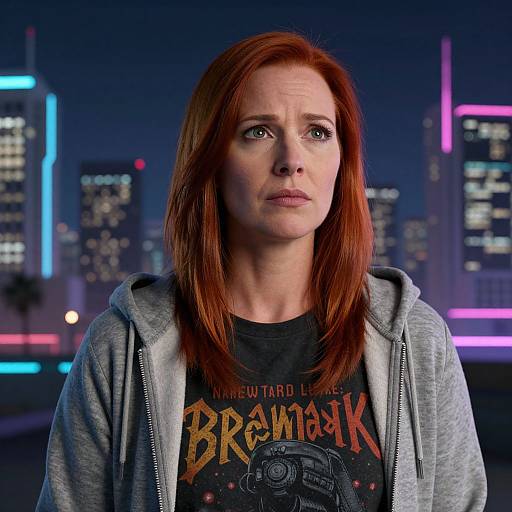 Photograph of a concerned-looking red-haired woman with fair skin, wearing a gray hoodie over a 