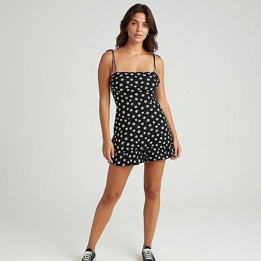 Photograph of a young woman with wavy dark hair, wearing a black polka dot dress, thin straps, and black-and-white sneakers, standing