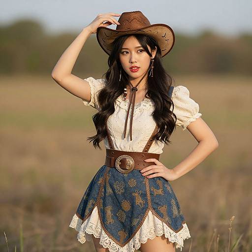 Photograph of an Asian woman with long black hair, wearing a brown cowboy hat, white lace blouse, and blue floral skirt, posing in a sun