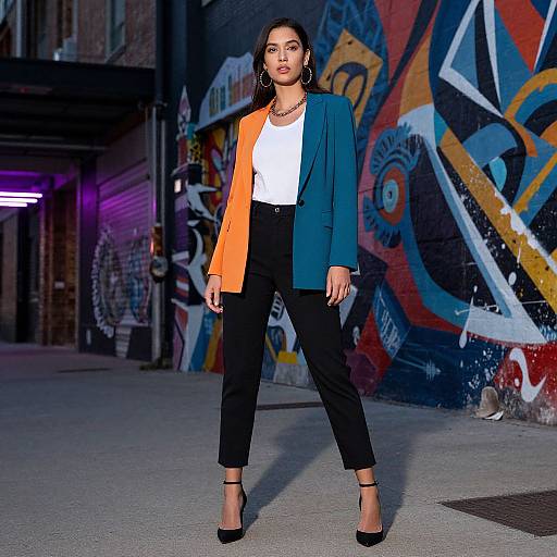 Photograph of a confident woman with dark hair, wearing a blue and orange blazer, white top, black pants, and high heels, standing in