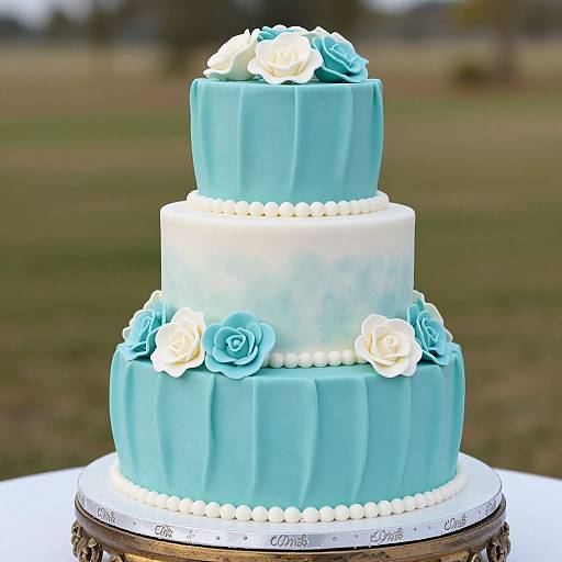 Photograph of a three-tiered, blue and white fondant cake with blue and white rose decorations, pearl accents, and a rustic outdoor background.