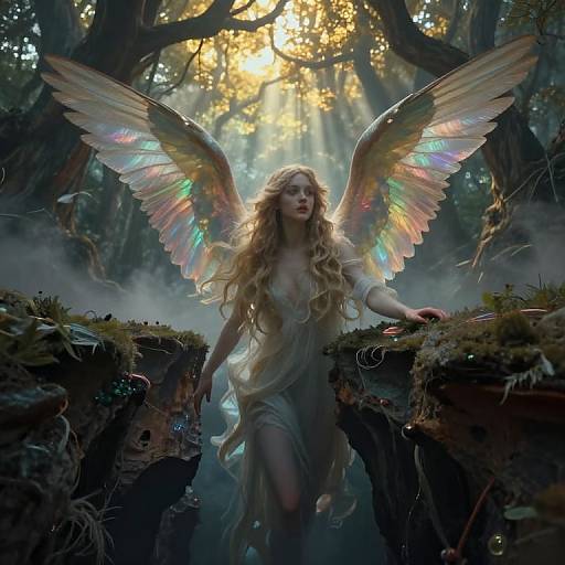 Digital fantasy artwork of a ethereal angel with long blonde hair, iridescent wings, and flowing white dress, standing on a mossy forest cliff