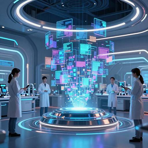 Photograph of a futuristic lab with three scientists in white coats observing glowing blue and purple holographic data cubes floating above a circular illuminated platform.