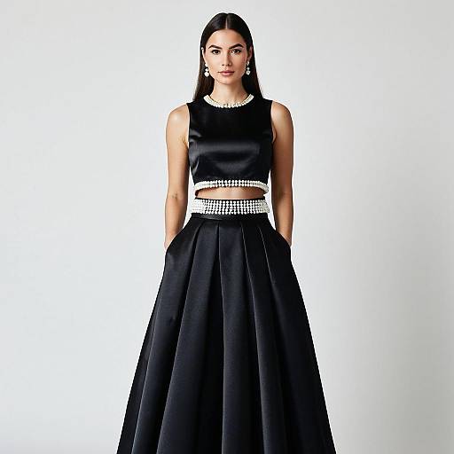 Elegant Woman in Black Satin Ball Gown