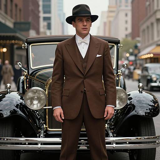 Photograph of a serious man in a brown suit, white shirt, and black hat standing in front of a vintage black car on a busy city street