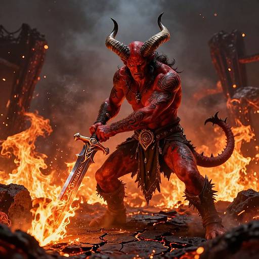 Muscular, red-skinned demon with large horns and spiked armor, wielding a flaming sword, stands amidst fiery chaos and smoky ruins.