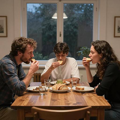 Family Eating Dinner at Wooden Table