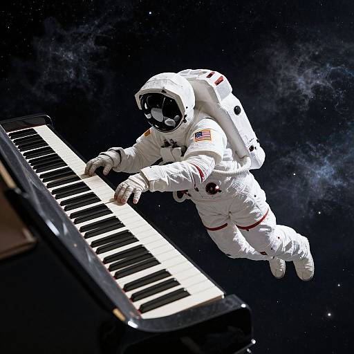 Photograph of an astronaut in a white spacesuit playing a floating keyboard in outer space, with the Milky Way visible.