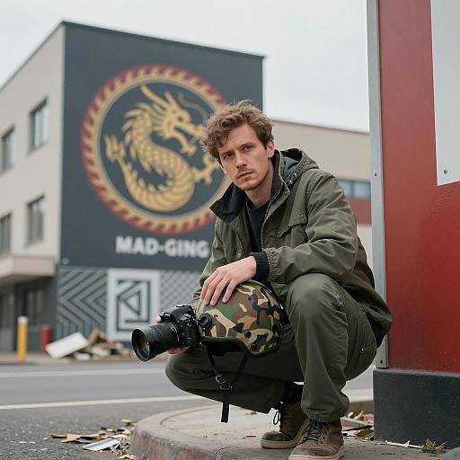 Man with Camera and Camouflage Helmet in Urban Setting