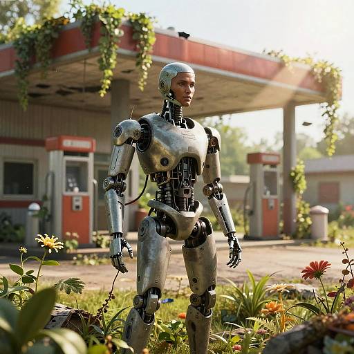 Photorealistic CGI of a metallic humanoid robot standing in a sunlit gas station garden with blooming flowers, surrounded by vintage red pumps.