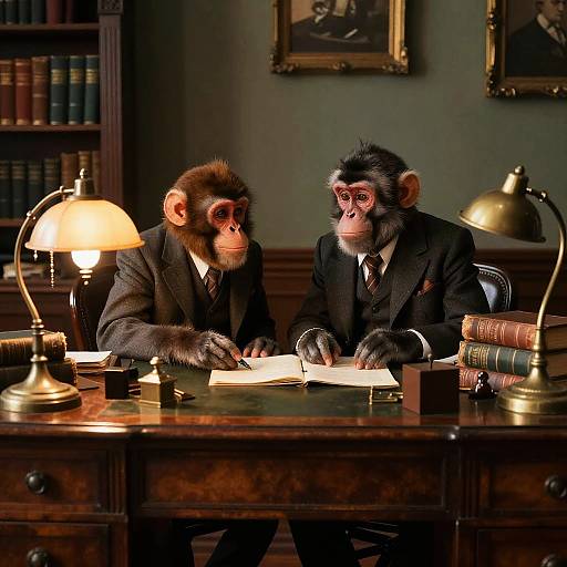 Monkeys in Suits at Vintage Desk
