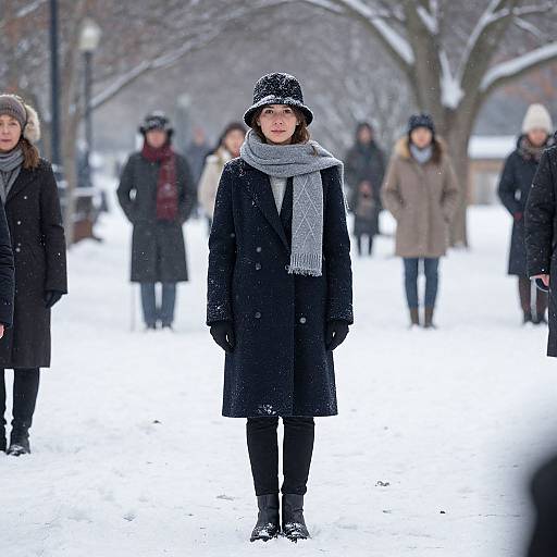 Photograph of a young Asian woman in a black coat, gray scarf, and black hat standing in a snowy urban park. Blurry background shows snow