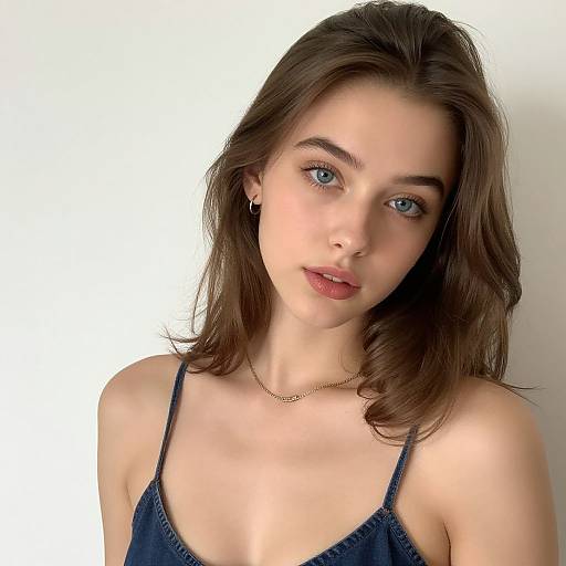 Photograph of a young woman with fair skin, blue eyes, and wavy brown hair, wearing a black spaghetti-strap top and gold necklace,