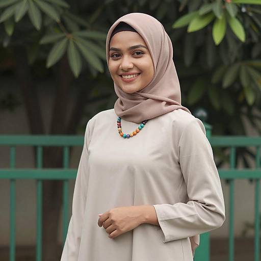 Smiling Woman in Beige Dress and Hijab