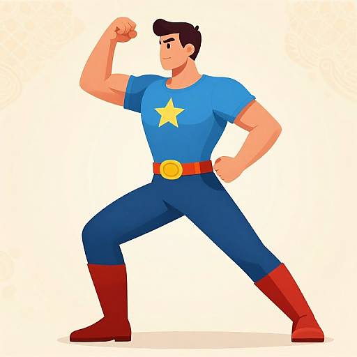Digital illustration of a muscular, cartoon-style superhero with short black hair, blue shirt with yellow star, blue pants, red boots, and yellow belt,