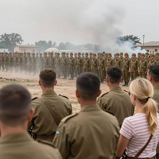 Large Group of Soldiers Standing in Dusty Field