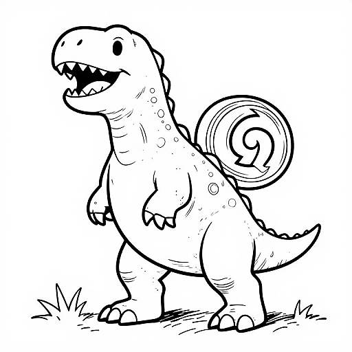 Cartoon-style black-and-white drawing of a cute, small, smiling dinosaur with a curled tail, standing on grass, outlined in bold lines.
