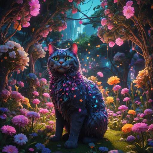 Whimsical Giant Cat in Neon Garden Whimsical Giant Cat in Neon Garden