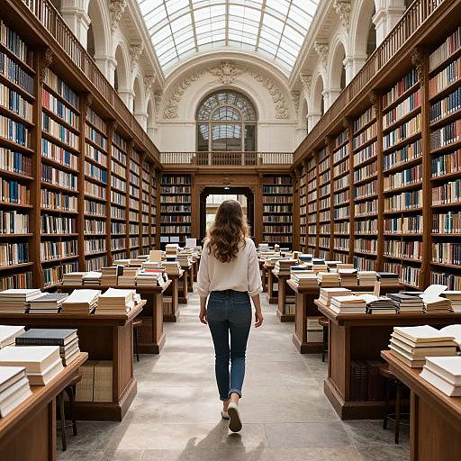 Photograph of a woman with curly brown hair, white blouse, and blue jeans walking away in a sunlit, grand library with tall bookshelves