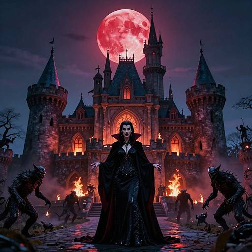 Digital art: Vampire queen in black gown stands before fiery castle under red full moon, surrounded by werewolves, dark sky.