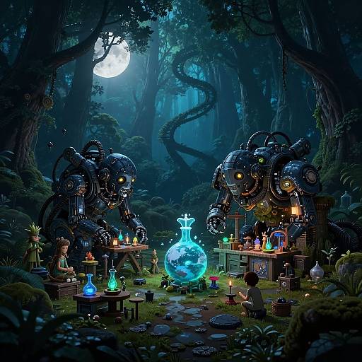 Digital art of a mystical forest moonlit lab: two robotic, octopus-like machines with glowing eyes, surrounded by small scientists, glowing flasks,
