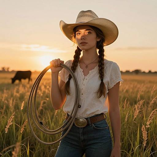 Photograph of a young woman with braids, white cowboy hat, white blouse, and blue jeans, holding a lasso in a sunlit field
