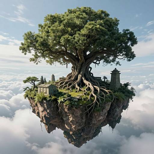 Fantasy digital art: massive, ancient tree with gnarled roots and lush greenery, floating on a rocky cliff amidst clouds, with ruins and