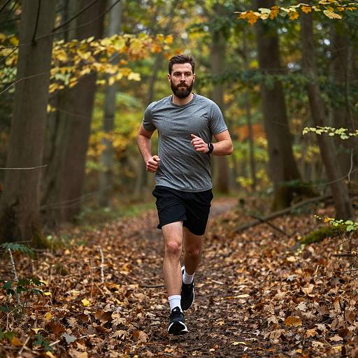 Man Running on Forest Trail in Autumn