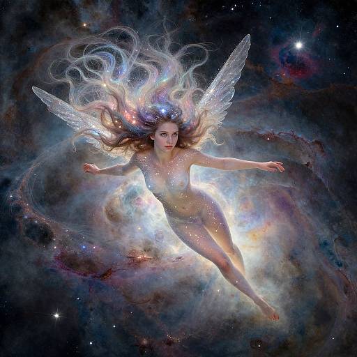 Digital art of a ethereal, winged woman with flowing, starlit hair, floating in a cosmic nebula, surrounded by light and stars.