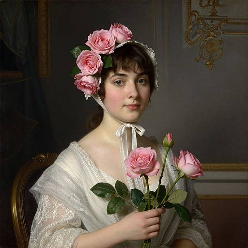 Photograph-style digital painting of a young woman with fair skin, dark hair, wearing a white lace dress and pink rose headpiece, holding pink roses
