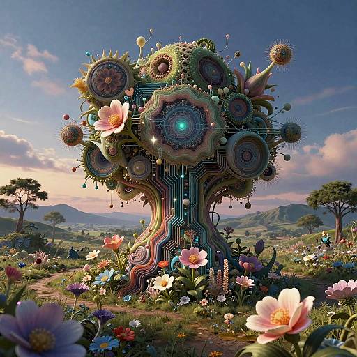 Digital artwork of a surreal, intricately designed tree adorned with glowing circles, flowers, and beads, set in a vibrant, colorful meadow under a