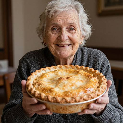Photograph of an elderly woman with short white hair, smiling, holding a golden-brown, textured pie in a white dish. She wears a gray