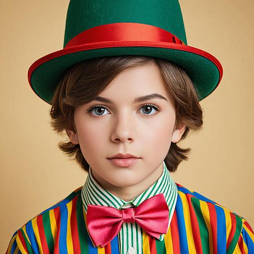 Boy in Colorful Circus Costume with Green Hat
