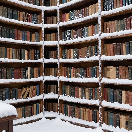 Photograph of a snow-covered, multi-tiered wooden bookshelf filled with colorful, spines-up books, showcasing a winter library scene.