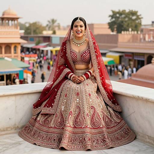 Photograph of a smiling Indian bride in an elaborate red and gold lehenga with intricate embroidery, standing on a marble balcony, with a bustling market and