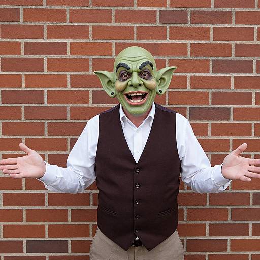 Photograph of a green-skinned, wide-eyed, grinning goblin in a white shirt and black vest, with large ears, standing against a