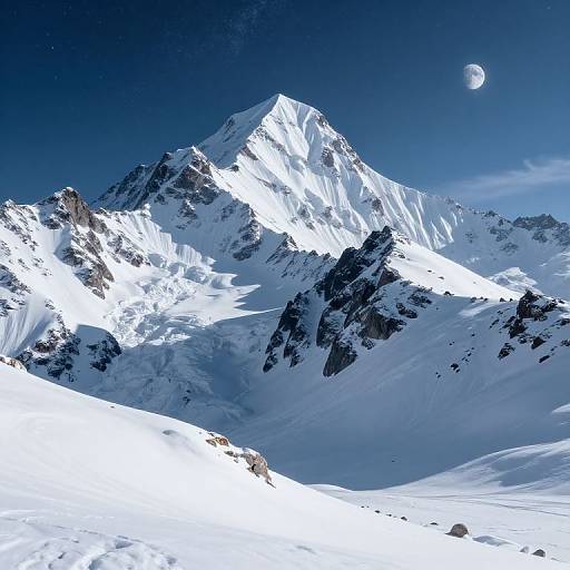 Photograph of a snow-covered, jagged mountain peak under a deep blue night sky with a visible crescent moon in the upper right.