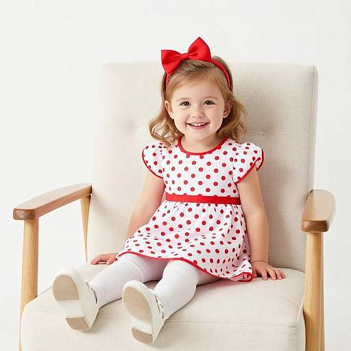 Photograph of a smiling young girl with light brown hair, wearing a red bow, white polka dot dress with red trim, white tights,