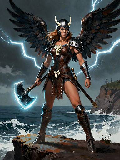 Wing-Helmed Heroine on Stormy Cliff