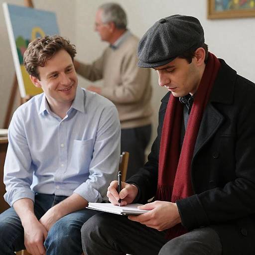 Two Men Writing and Smiling Indoors