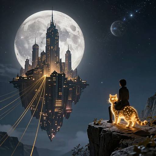 Digital art of a silhouetted person with a glowing cat on a cliff, gazing at a floating, illuminated city under a full moon and