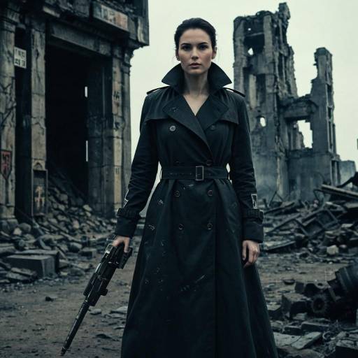 Stoic Woman with Trench Coat in Ruined Battlefield