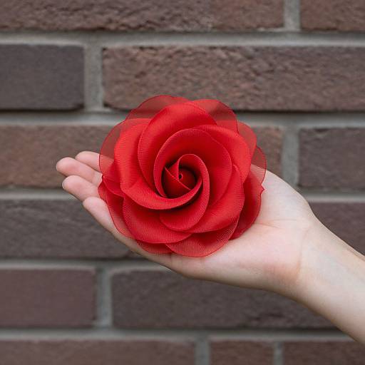 Photograph of a pale hand holding a vibrant red, fabric rose against a brown brick wall, contrasting textures and colors.