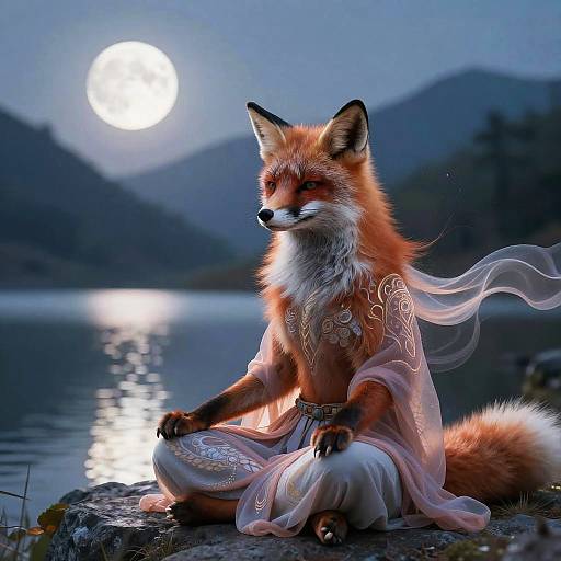 Serene Fox Shaman by Moonlit Lake