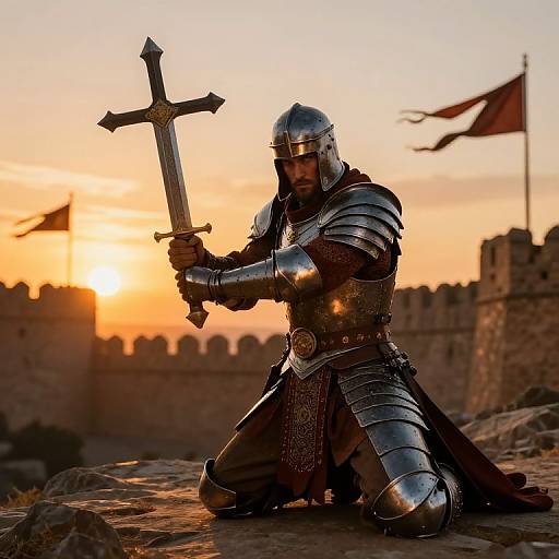 Kneeling Crusader at Fiery Sunrise