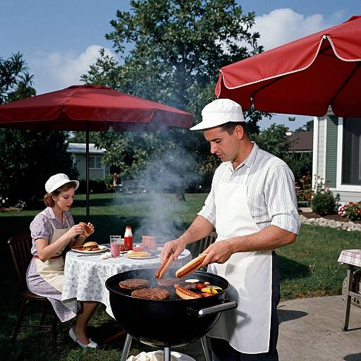 Photograph of a man grilling burgers outdoors, wearing a white cap and apron, while a woman in a white hat sits under a red umbrella