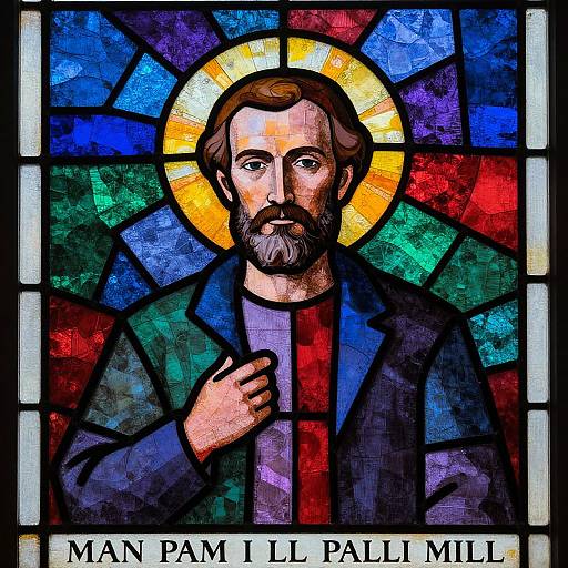 Colorful stained glass depiction of a bearded man with a halo, holding his chest. Text below reads 